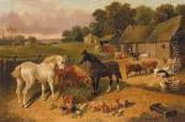 Horses, Cattle, Pigs, And Ducks, In A Farmyard, A Hunt Beyond Oil Painting by John Frederick Herring Snr