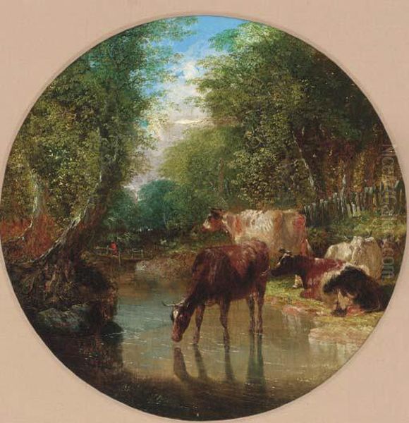 Cattle Watering In A Wooded Landscape Oil Painting by John Frederick Herring Snr