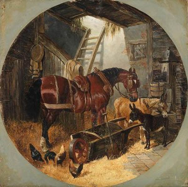 A Horse With Donkeys And Chickens In A Barn Oil Painting by John Frederick Herring Snr