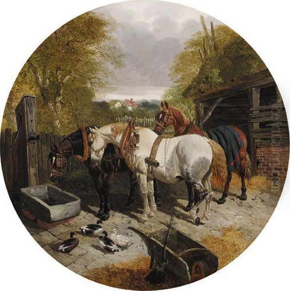 Horses At A Manger, With Ducks 
And Chickens, In A Farmyard; Andhorses At A Trough, With Ducks, On In A 
Foreground Oil Painting by John Frederick Herring Snr