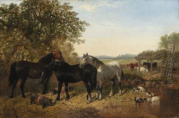 Horses, Pigs, Ducks And Cattle By A Farmyard Pond Oil Painting by John Frederick Herring Snr