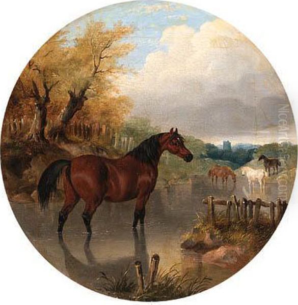 Horses Watering Oil Painting by John Frederick Herring Snr