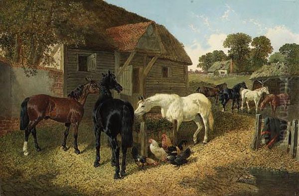 Horses And Chickens In A Farmyard Oil Painting by John Frederick Herring Snr