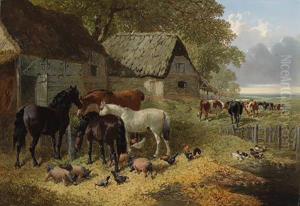 Horses, Cattle, Pigs, Chickens And Ducks In A Farmyard Oil Painting by John Frederick Herring Snr