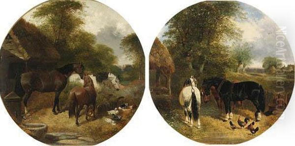 Horses And Duck In A Farmyard; And Plough Horses And Chickens In Afarmyard Oil Painting by John Frederick Herring Snr