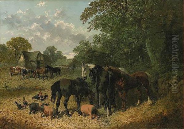 A Farmyard Scene With Horses, Cattle, Berkshire Saddlebacks Andchickens Oil Painting by John Frederick Herring Snr