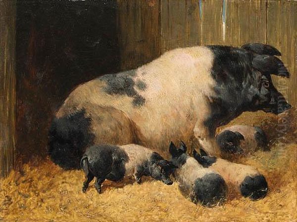 Berkshire Saddlebacks With Piglets In A Farmyard Oil Painting by John Frederick Herring Snr