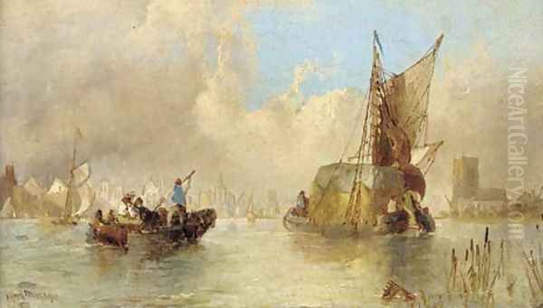 A hay barge and other vessels at a riverside town Oil Painting by Alfred Montague