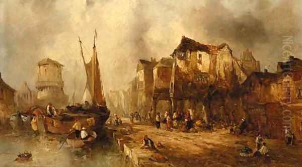 Barges approaching a quay Oil Painting by Alfred Montague