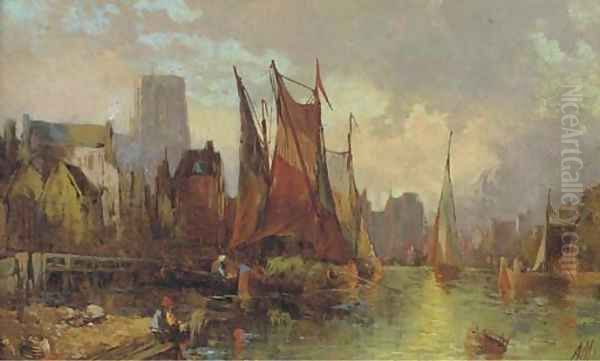 Hay barges in a continental port at dusk Oil Painting by Alfred Montague