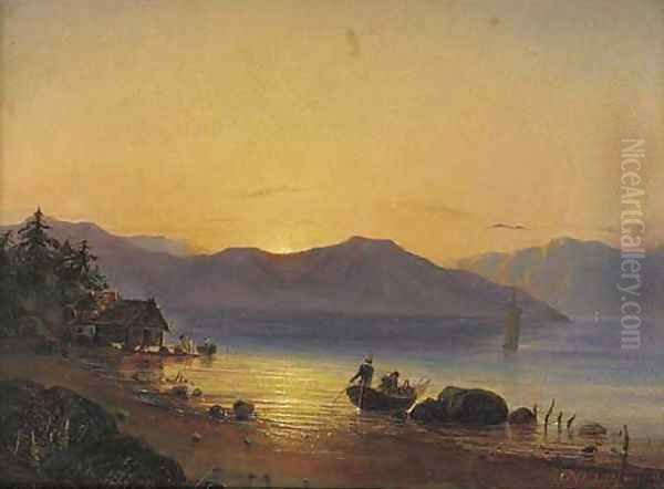 Setting off from the shore at sunrise Oil Painting by Fritz Sigfred Georg Melbye