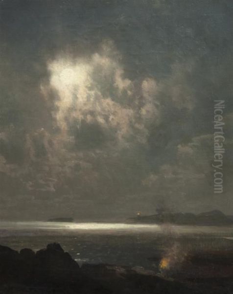 Moon Over The Bay Oil Painting by Herman Herzog