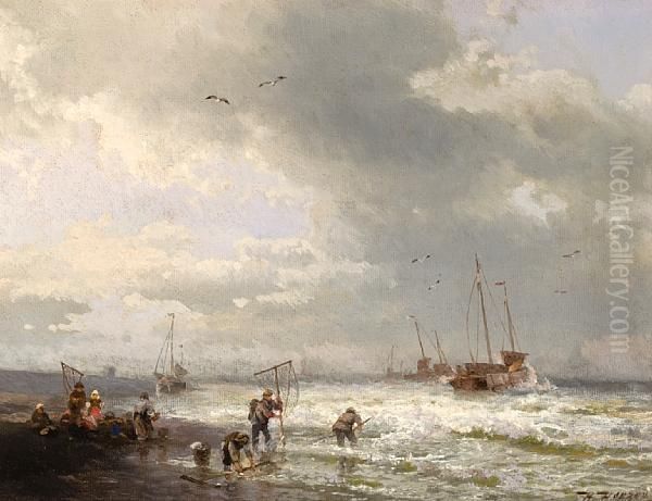 Fisherfolk On The Beach Oil Painting by Herman Herzog