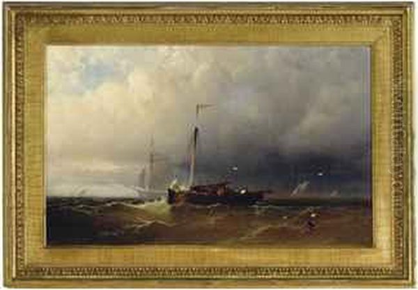 A Sailing Boat In A Storm By The Coast Oil Painting by Herman Herzog