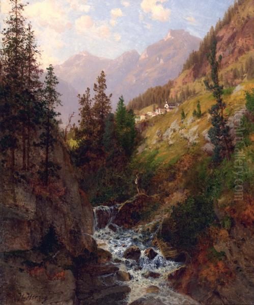 Mountain Stream With Fisherman Oil Painting by Herman Herzog