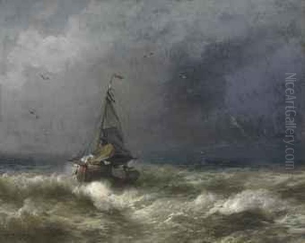 Fishing Boat In A Storm Oil Painting by Herman Herzog