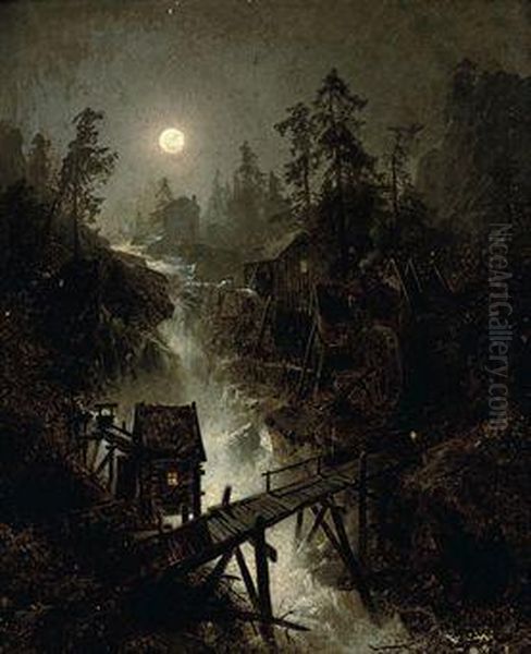 A Mining Town By Moonlight Oil Painting by Herman Herzog