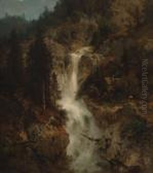 Wasserfall Mit Muhle Oil Painting by Herman Herzog