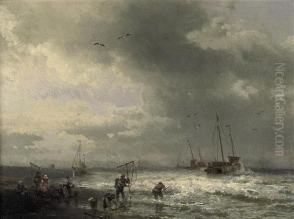 Fishermen On The Beach Oil Painting by Herman Herzog