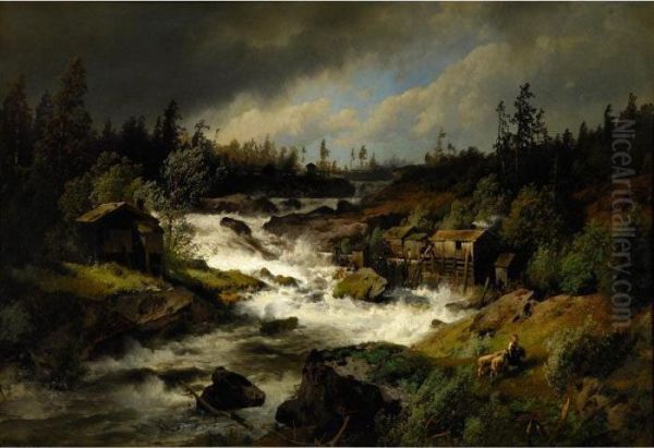 River Mill Oil Painting by Herman Herzog