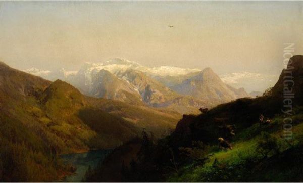 Mountain Landscape With Cattle Oil Painting by Herman Herzog