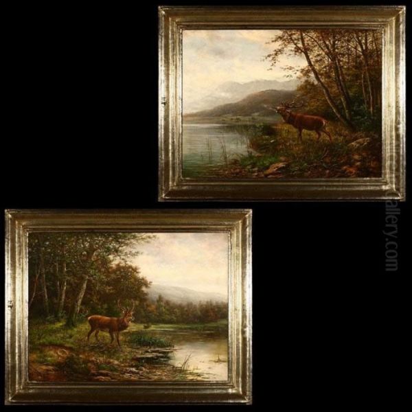 Two Matched Landscapes: Each Depicting A Stag Near A Lake Oil Painting by Herman Herzog