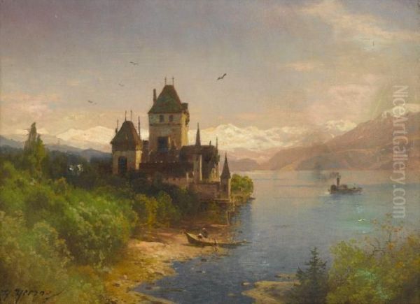 Castle By A Lake With A Paddle Steamer Oil Painting by Herman Herzog