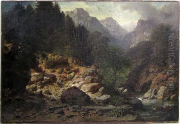 Herding Cows On A Rocky Mountain Path Oil Painting by Herman Herzog