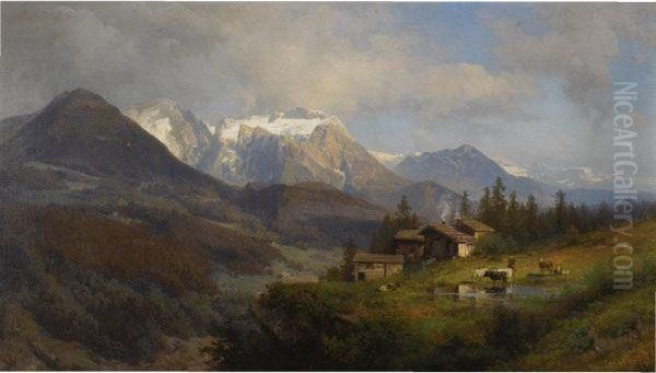 An Alpine Village Oil Painting by Herman Herzog