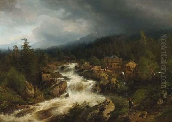 Village Au Bord Du Torrent Oil Painting by Herman Herzog