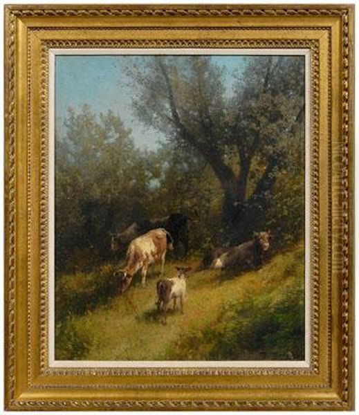 Cows Grazing Undera Tree Oil Painting by Herman Herzog