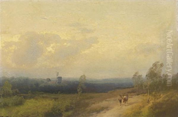 A Panoramic View Of A Landscape With A Windmill Oil Painting by Herman Herzog