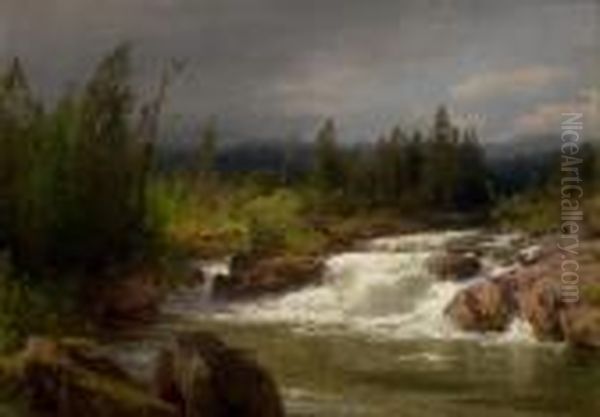 Waterfall In Norway Oil Painting by Herman Herzog