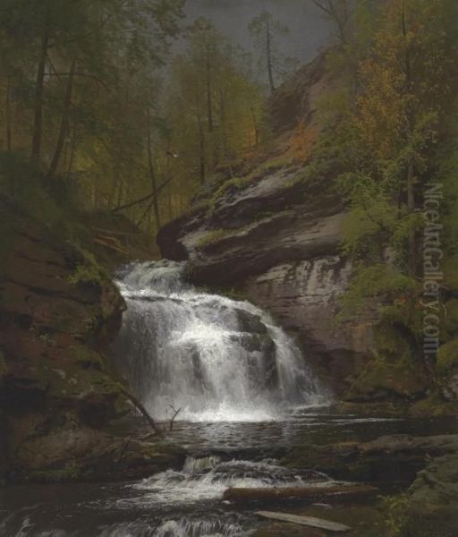 Waterfall In The Wilderness Oil Painting by Herman Herzog