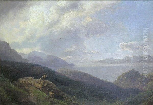 Landscape With Elk And Eagle Oil Painting by Herman Herzog