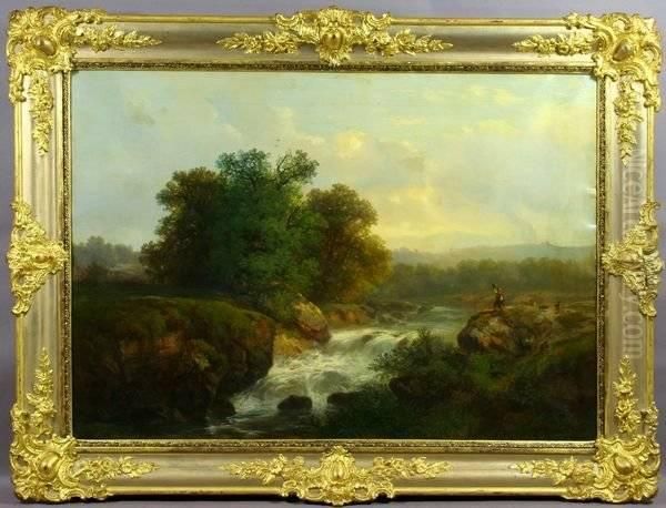 California River Landscape With Figures And Animals Oil Painting by Herman Herzog