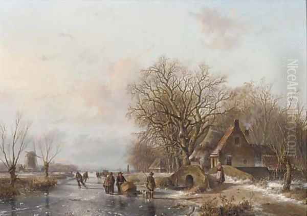 Skaters and a sportsman on the ice, a windmill and koek en zopie beyond Oil Painting by Everardus Benedictus Gregorius Mirani