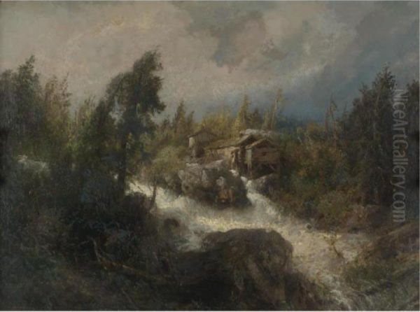 Rushing Stream Oil Painting by Herman Herzog