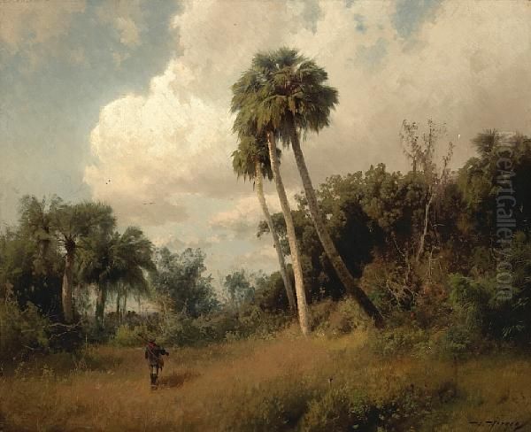 A Hunter Among Windswept Palms And Passingclouds Oil Painting by Herman Herzog