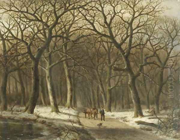 A woodcutter with a mallejan in a winter forest Oil Painting by Everardus Benedictus Gregorius Mirani