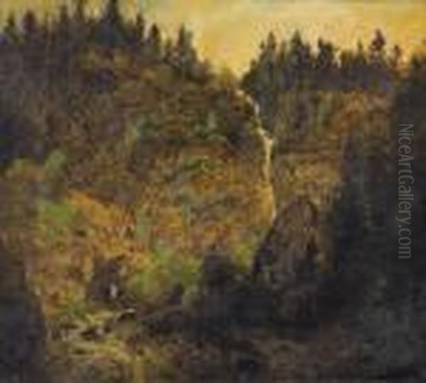 Mountain Landscape With Waterfall by Herman Herzog