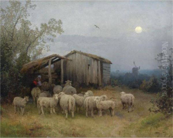 A Shepherd And His Flock By A Shed Oil Painting by Herman Herzog