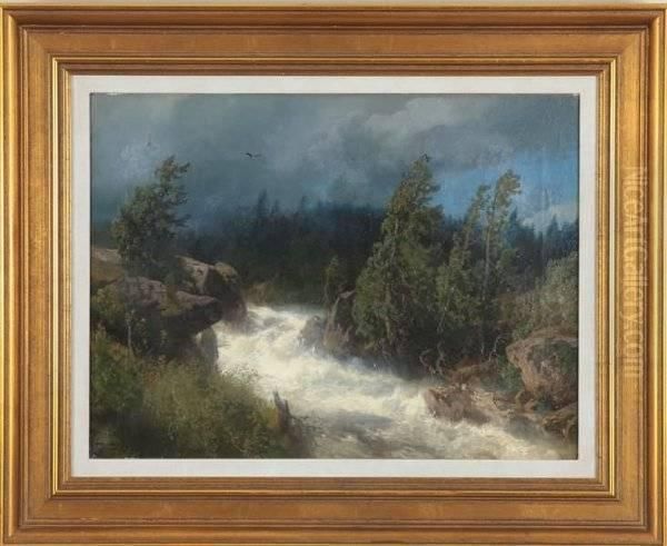 River Landscape Oil Painting by Herman Herzog