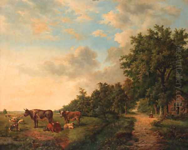 A wooded summer landscape with cattle in a meadow along a ditch Oil Painting by Everardus Benedictus Gregorius Mirani