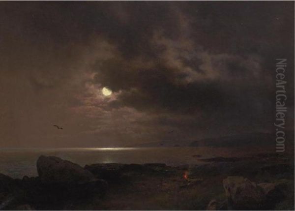 A Bonfire In The Moonlight Oil Painting by Herman Herzog