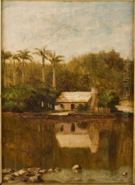 Untitled, House In Southern River Landscape With Palm Trees Oil Painting by Herman Herzog