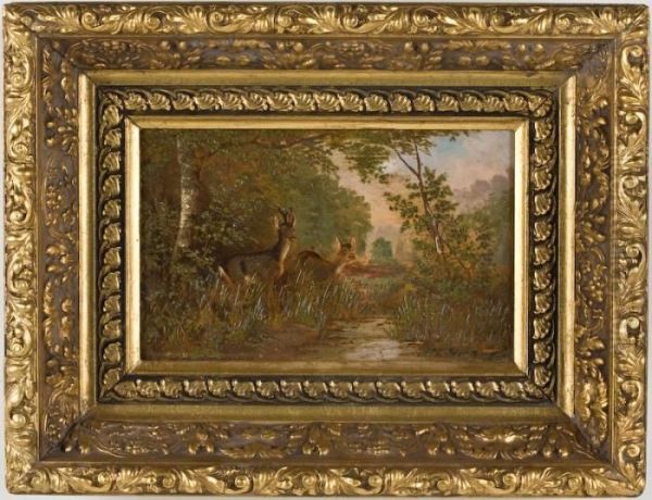 Deer At A Stream Oil Painting by Herman Herzog