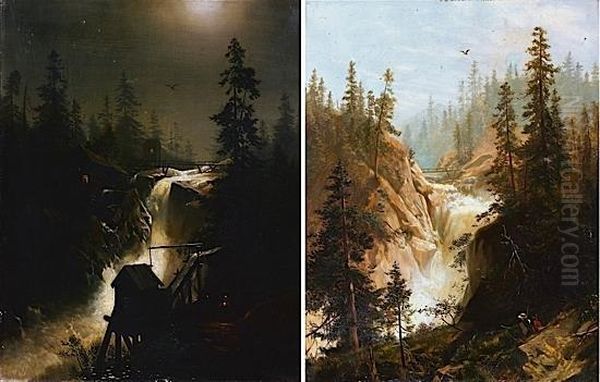 Cascade De Jour Et Cascade De Nuit Au Milieu De Montagnes Oil Painting by Herman Herzog