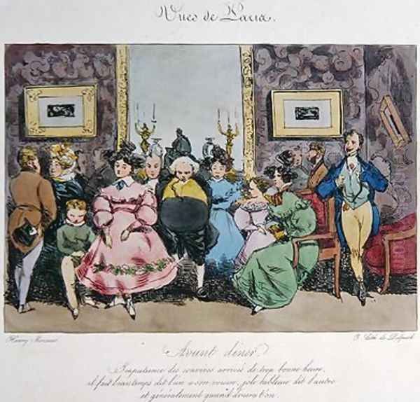 Humorous Depiction of the Behaviour and Conversation of Guests before Dinner cartoon for Vues de Paris esquisses morales et philosophiques Oil Painting by Henri Bonaventure Monnier