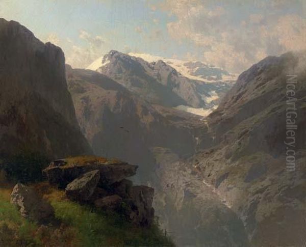 Norwegian Highlands, Loerdals Fjord Oil Painting by Herman Herzog